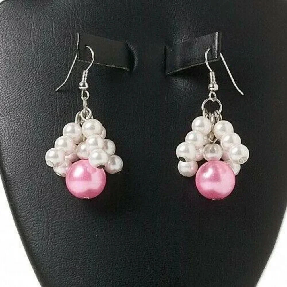 Handcrafted Pink White Glass Pearl Beads Cluster Dangle Earrings